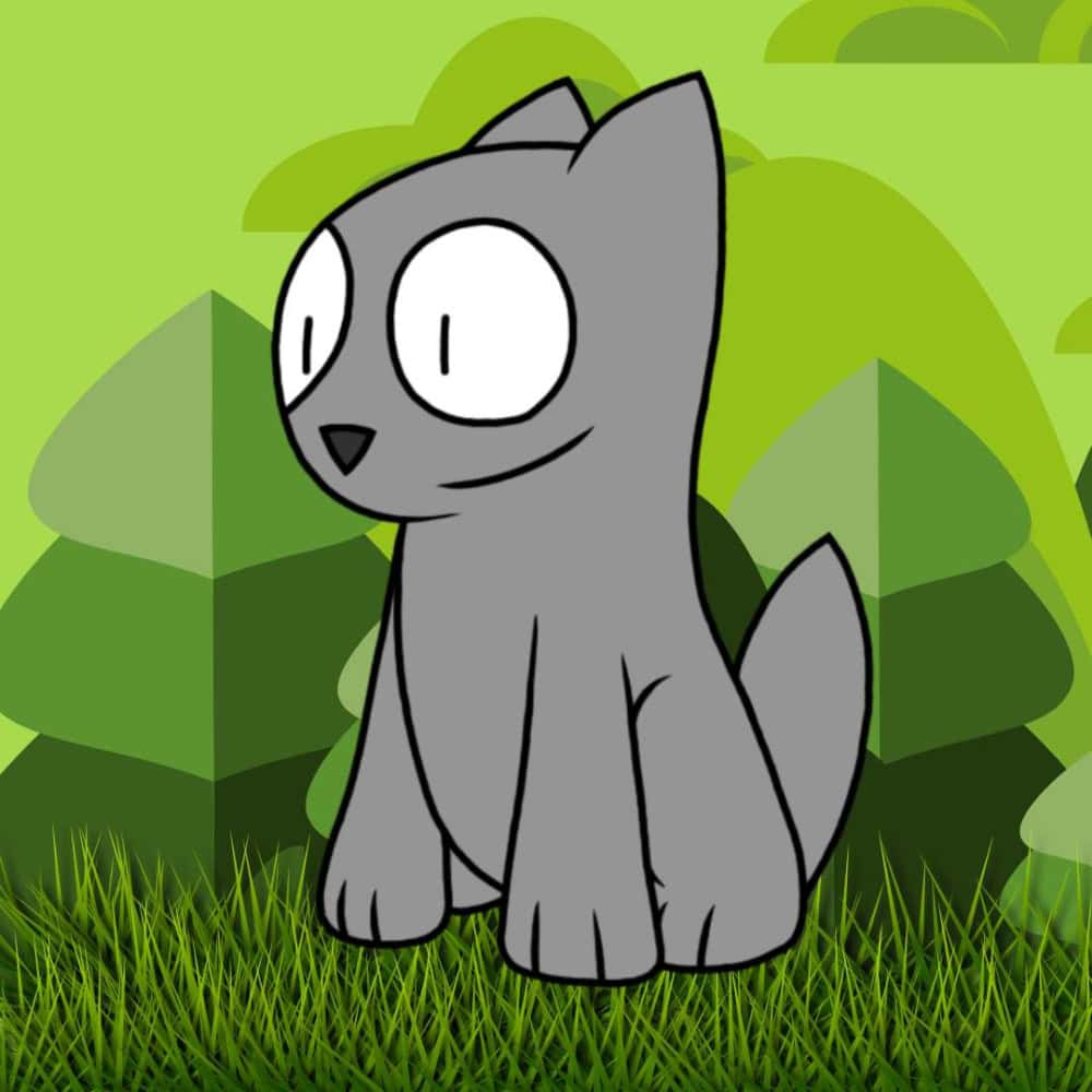 A cartoon illustration of a small grey dog on a green background