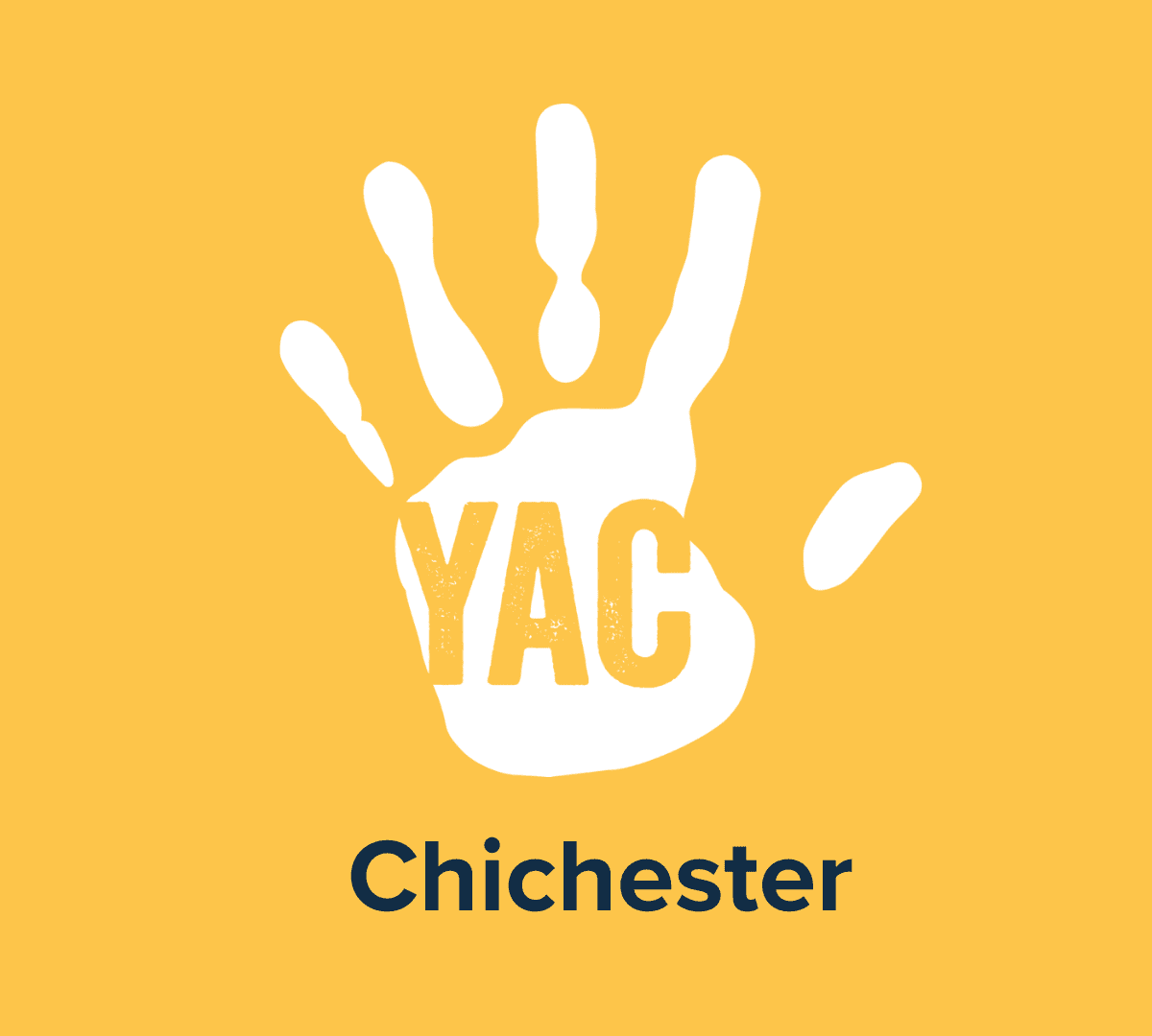A white handprint on a yellow background with the words 'YAC Chichester'.
