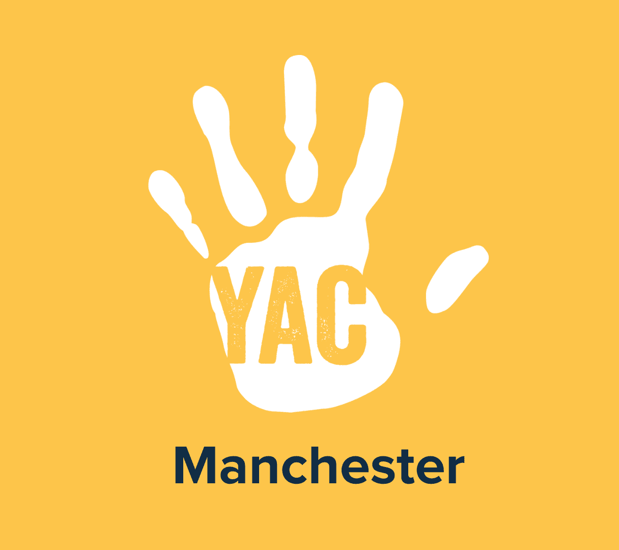A white handprint on a yellow background with the words 'YAC Manchester'