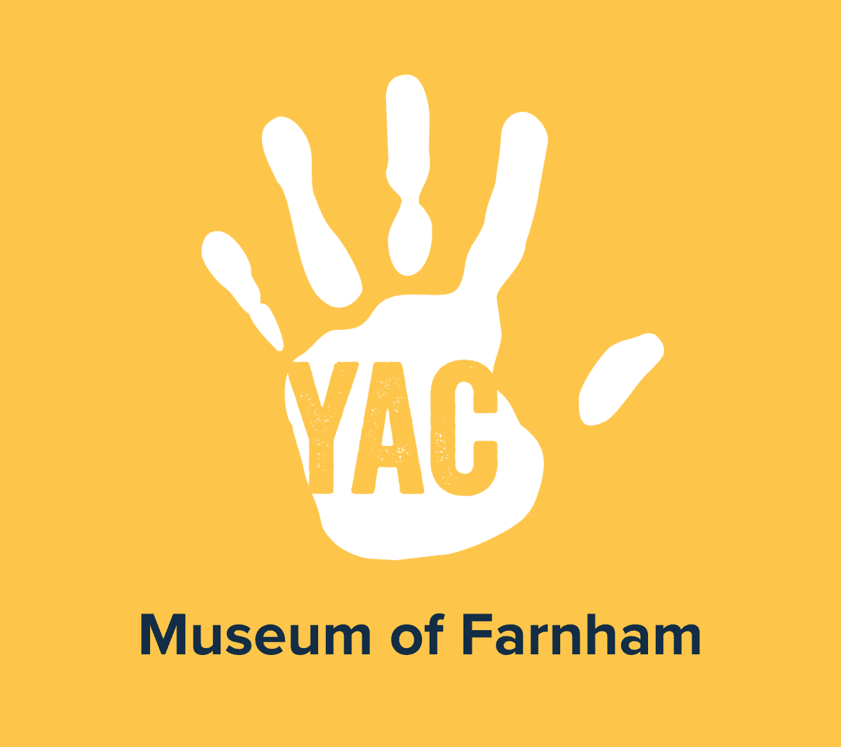 A white handprint on a yellow background with the words 'YAC Museum of Farnham'