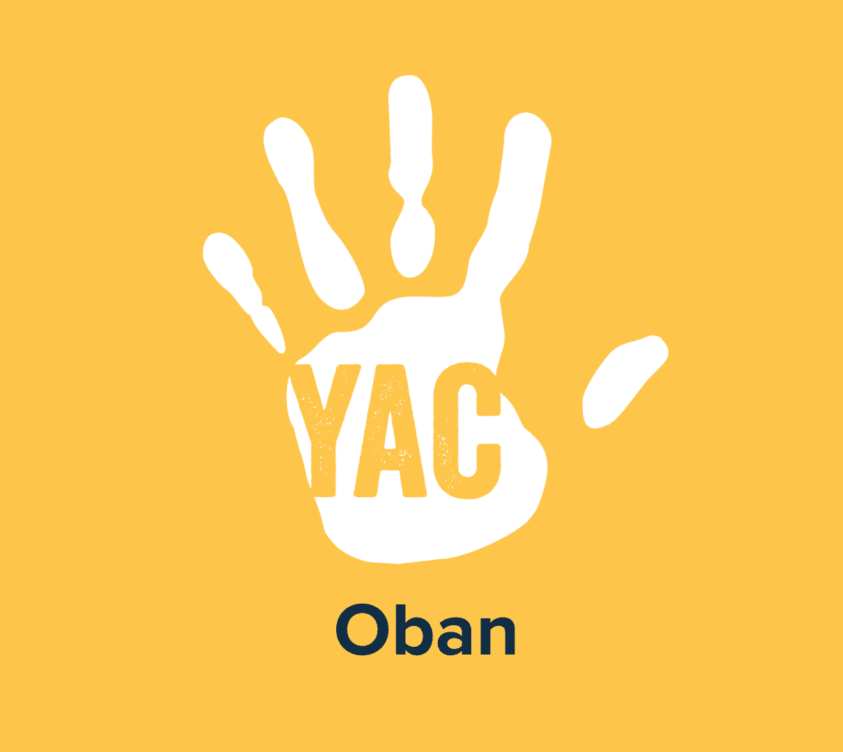 A white handprint on a yellow background with the words 'YAC Oban'