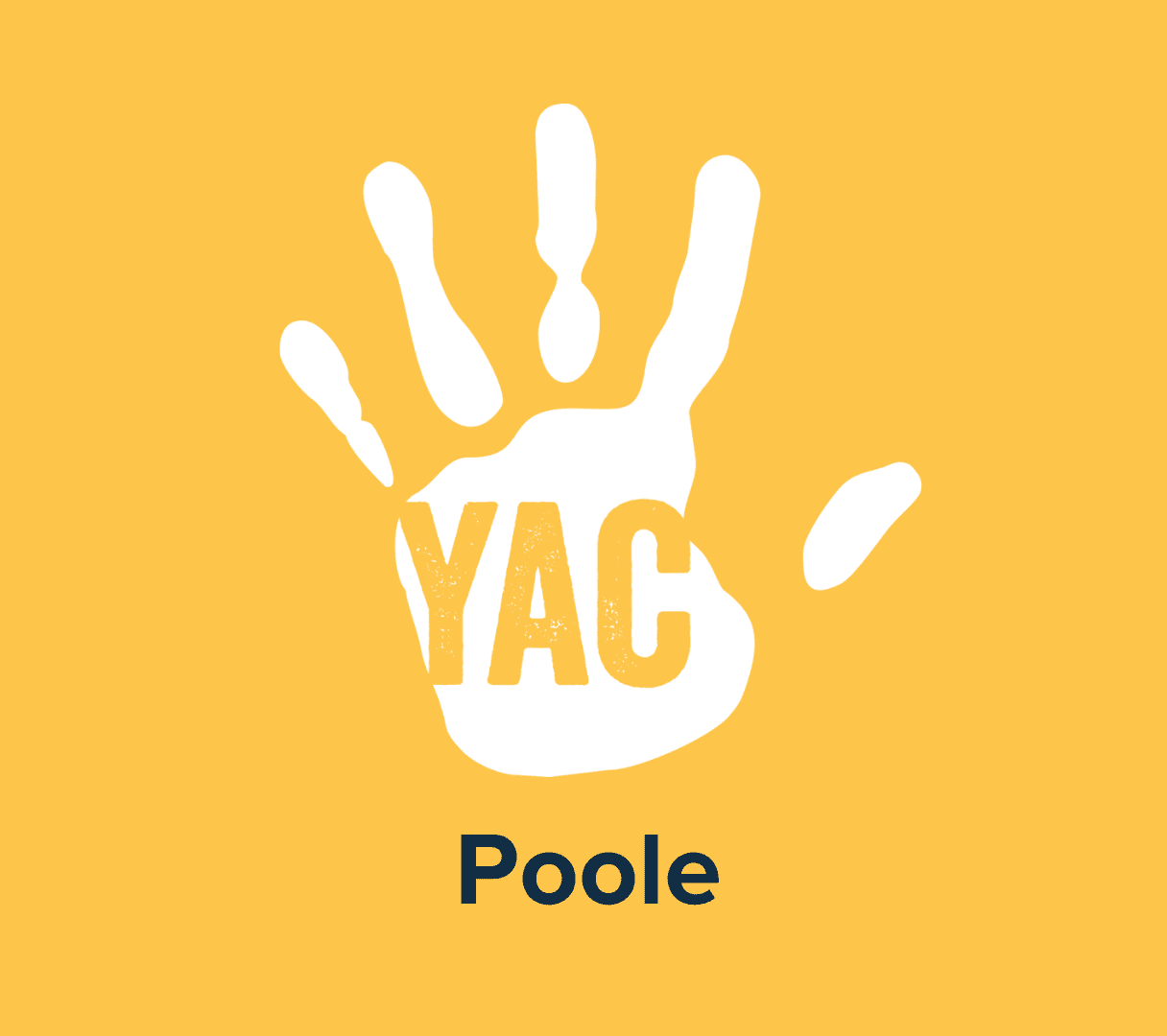 A white handprint on a yellow background with the words 'YAC Poole'