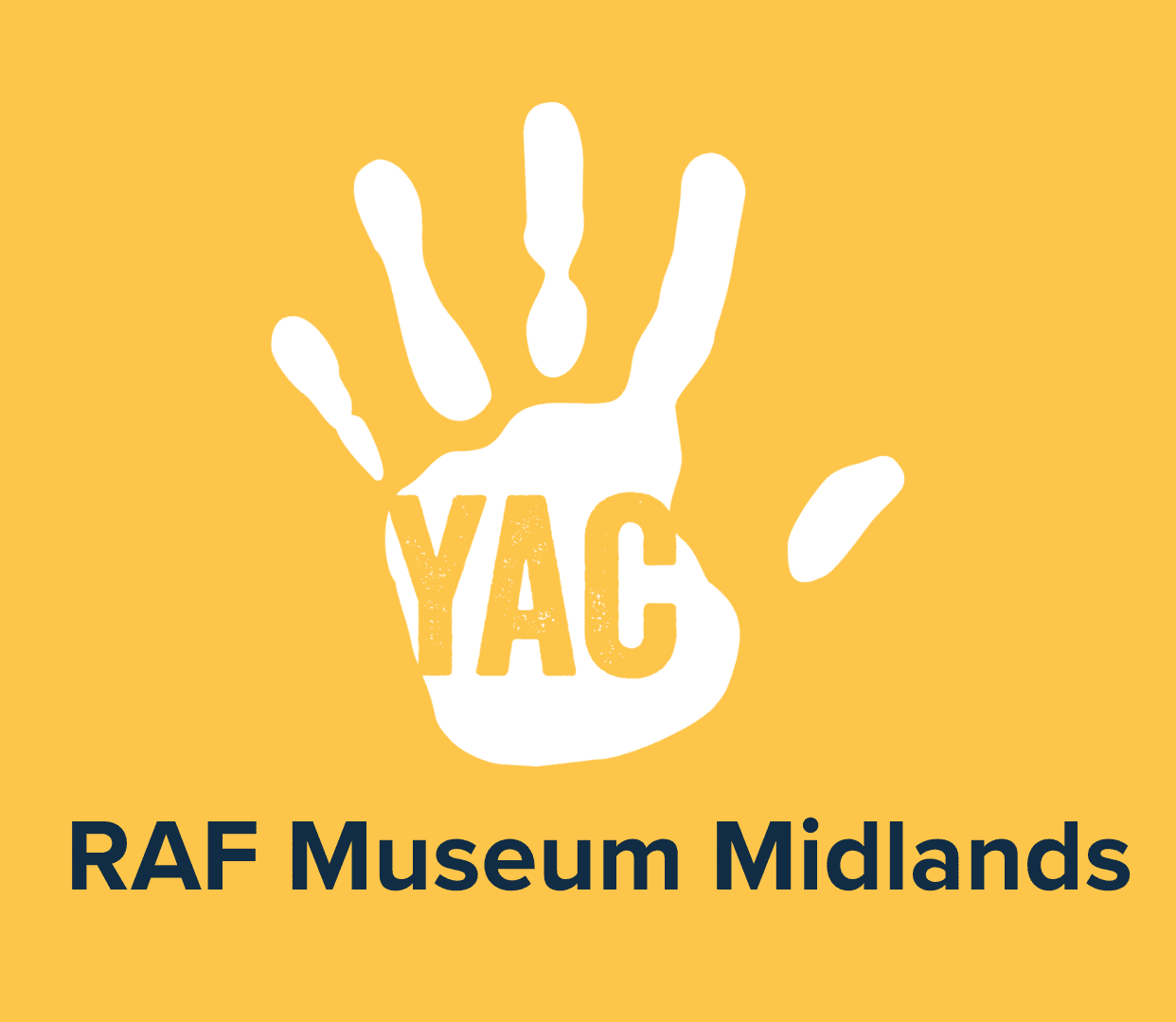 The YAC handprint logo on a yellow background, with text reading 'RAF Museum Midlands'