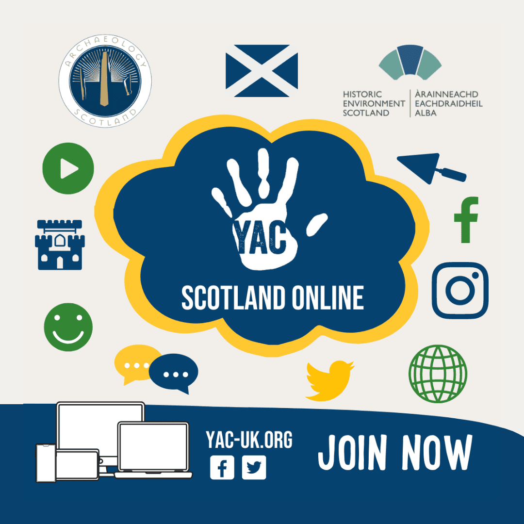 A white handprint on a blue background with the words 'YAC Scotland Online' with images of the Scottish flag and decorative elements.