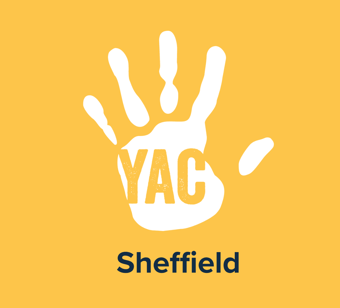A white handprint on a yellow background with the words 'YAC Sheffield'