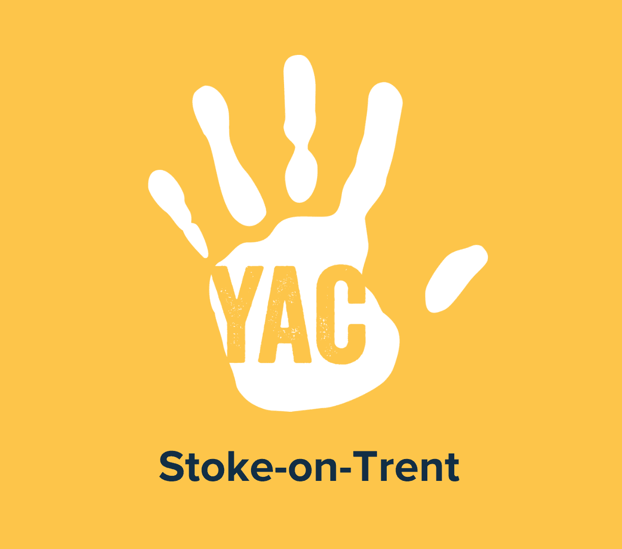 A white handprint on a yellow background with the words 'YAC Stoke-on-Trent'