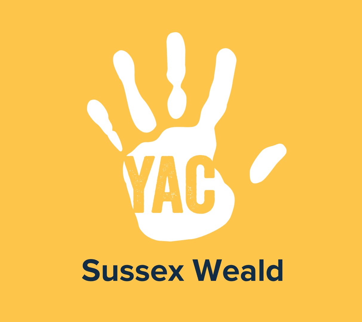A white handprint on a yellow background with the words 'YAC Sussex Weald'