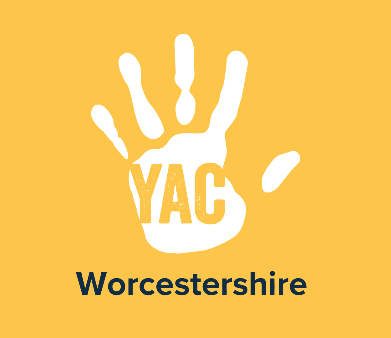 A white handprint on a yellow background with the words 'YAC Worcestershire'