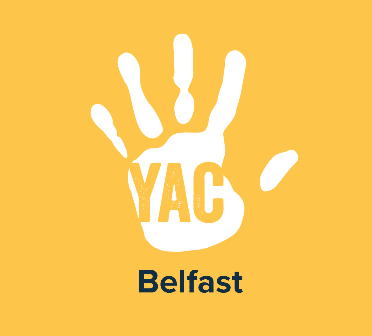 A white handprint on a yellow background with the words 'YAC Belfast'