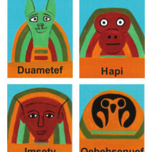 Example images of the Egyptian gods who would sit atop canopic jars. The gods are Duametef, who has the head of a jackal, Hapi, who has the head of a baboon, Imsety, who has a human head, and Qebehsenuef, who has a falcon's head.