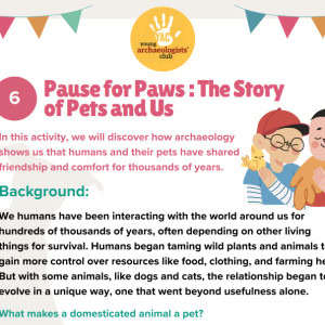 The first page of the 'Pause for Paws' activity pack, showing colourful text, a bunting border and an illustration of children holding small animals.