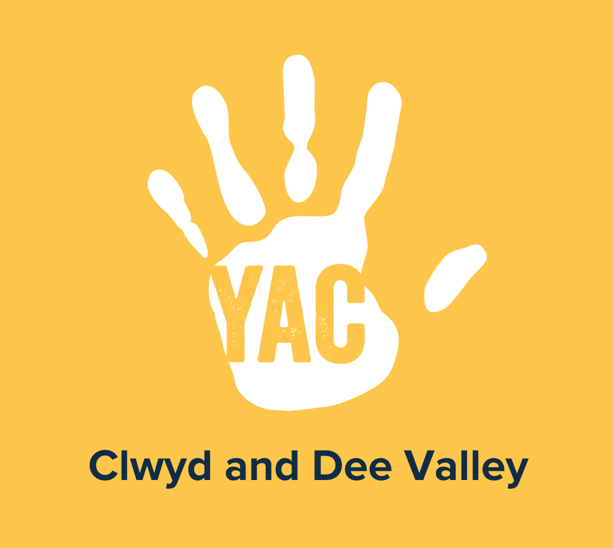 A white handprint on a yellow background with the words 'YAC Clwyd and Dee Valley'