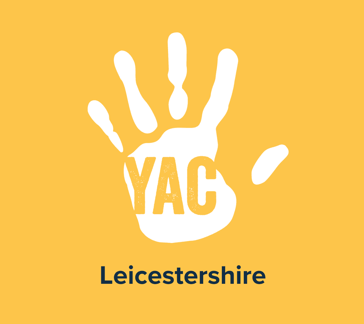 A white handprint on a yellow background with the words 'YAC Leicestershire'