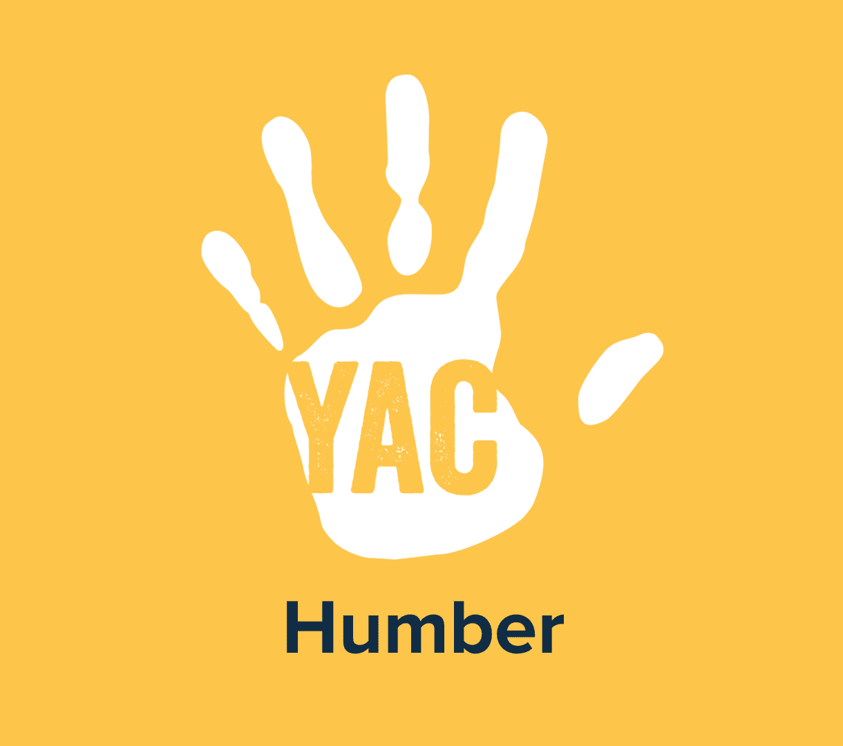 A white handprint on a yellow background with the words 'YAC Humber'