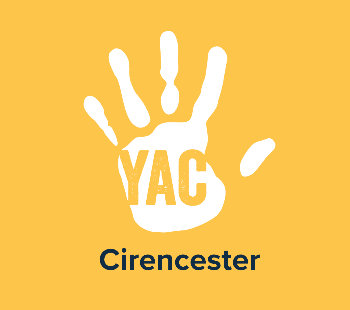 A white handprint on a yellow background with the words 'YAC Cirencester'