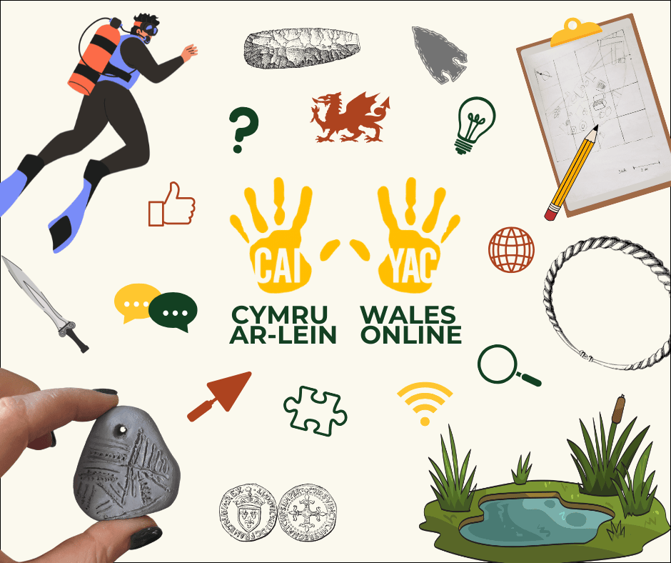 The words 'YAC Cymru Ar-Lein / YAC Wales Online' and illustrations of artefacts, a scuba-diver, a clipboard and a pond.