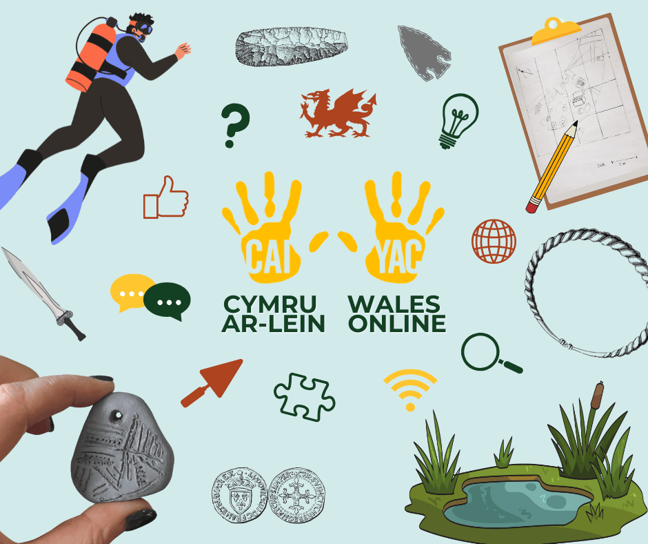 The words 'YAC Cymru Ar-Lein / YAC Wales Online' and illustrations of artefacts, a scuba-diver, a clipboard and a pond.