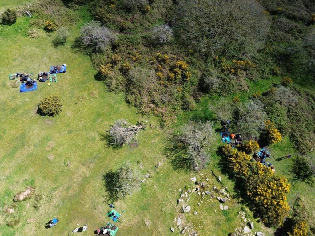 An aerial view of a grassy field on the edge of a woody area. Several small archaeological test pits can be seen from above, with blue plastic matting and small groups of people gathered around each mat.