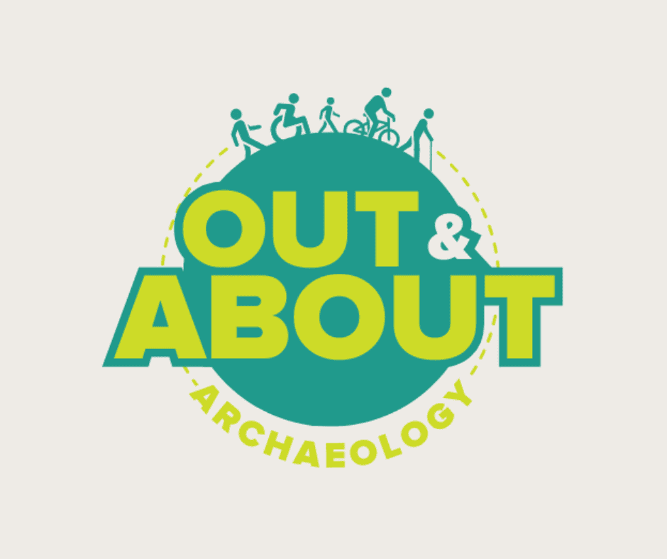 A green and blue logo with text reading 'Out & About Archaeology'