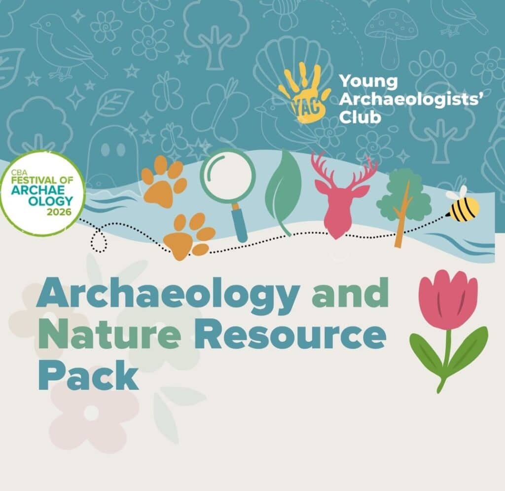 Front cover of the resource pack: Archaeology and Nature with various logo and image of red tulip