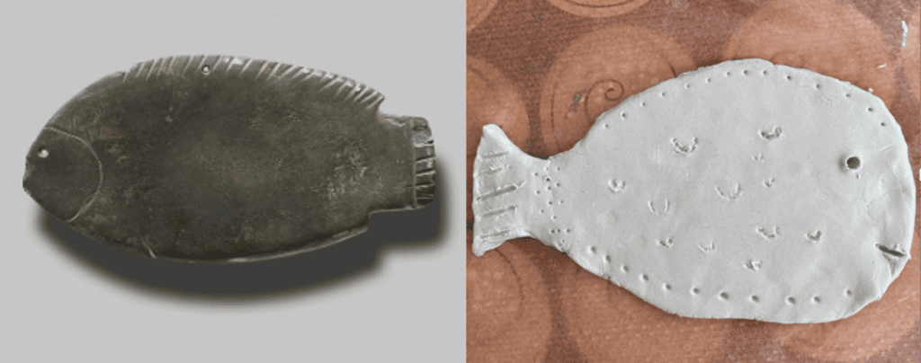 Two images of crafted fish. Left is Ancient Egyptian make-up pallet. Right is Emily's replica in clay